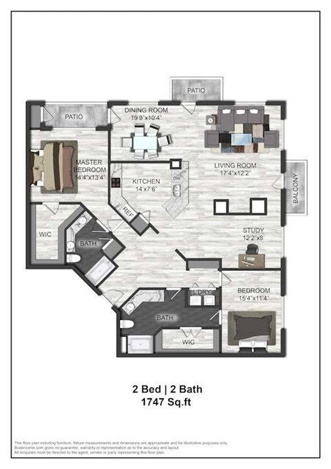 Floor plan for 2 beds, 2 baths, 1747 sqft